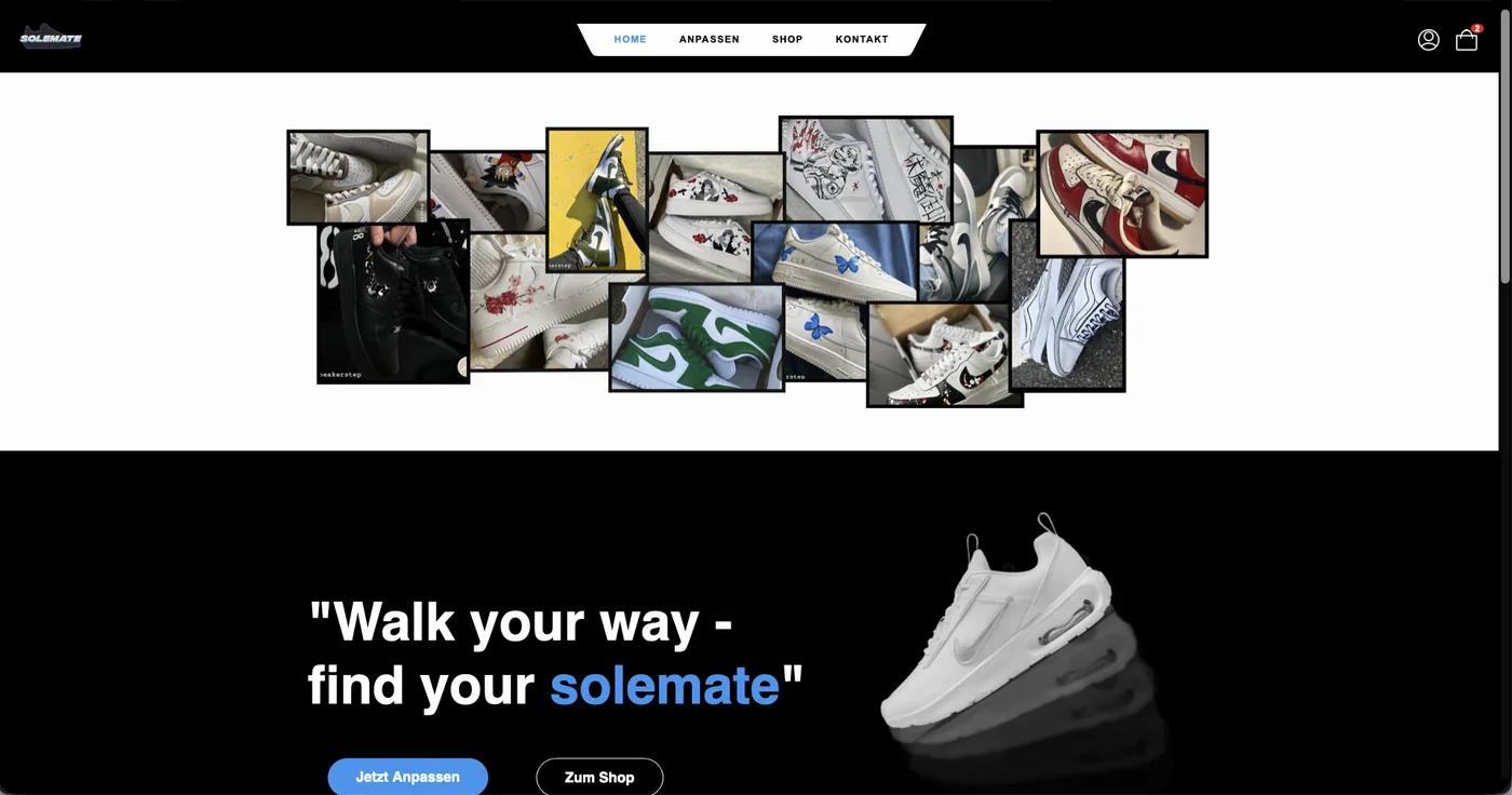Startseite von SoleMate: Collage individuell gestalteter Sneaker, darunter der Claim „Walk your way – find your solemate“ mit den Knöpfen „Jetzt Anpassen“ und „Zum Shop“.